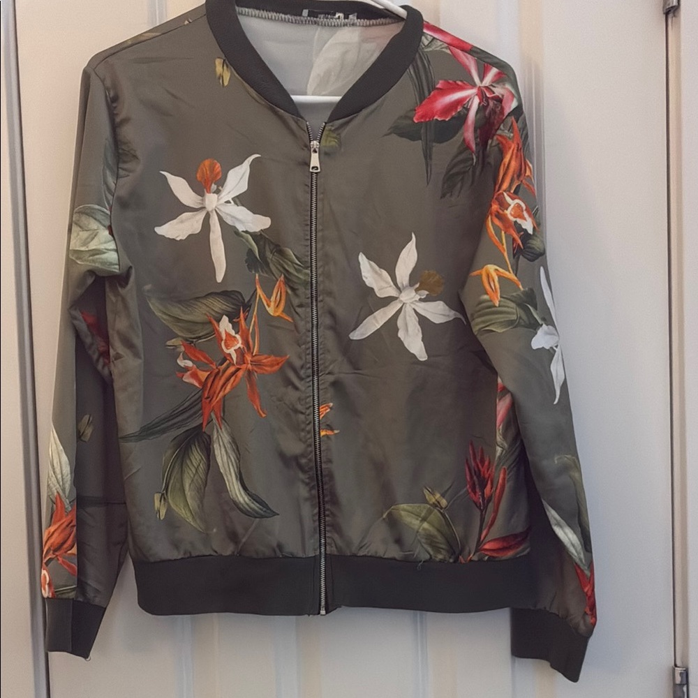 Floral Bomber Jacket - Green and Multicolor